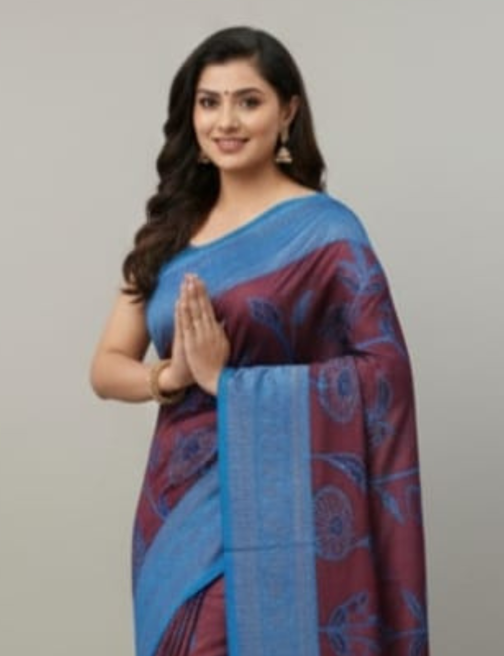 Maroon Saree with Blue Floral Design and Border