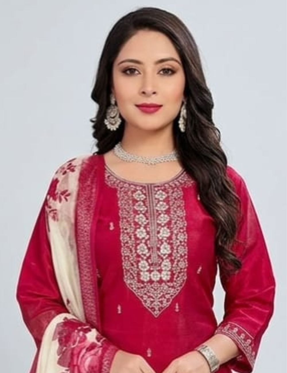Elegant Magenta Silk Blend Kurta Set with Floral Organza Dupatta