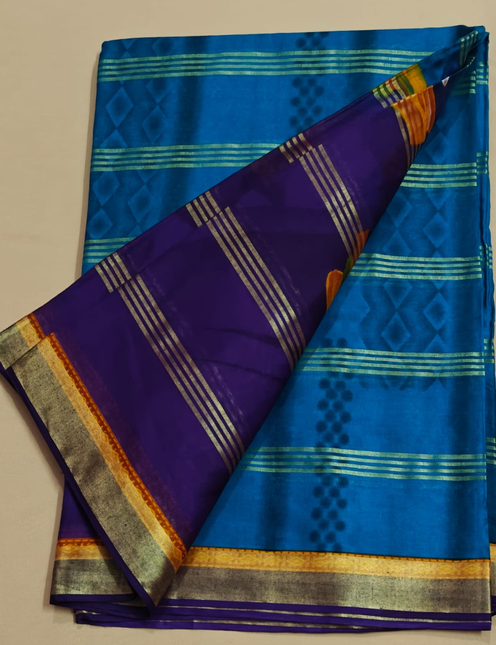 Blue and Purple Cotton Sari with Metallic Stripes and Floral Motifs