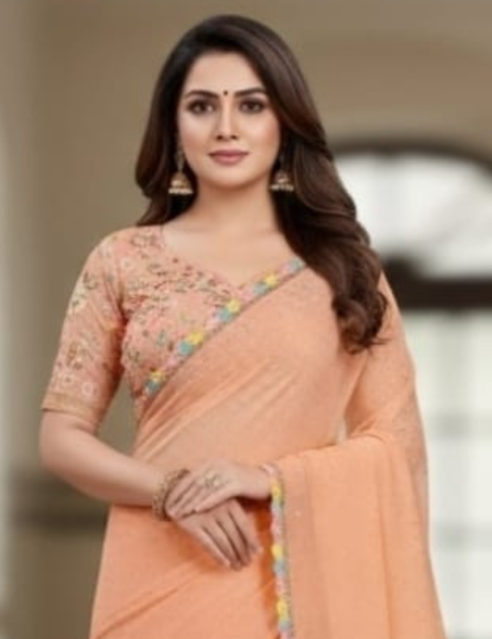 Peach Embroidered Designer Saree with Colorful Border