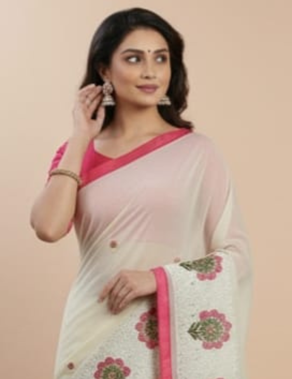 Elegant Cream Saree with Pink Floral Embroidery