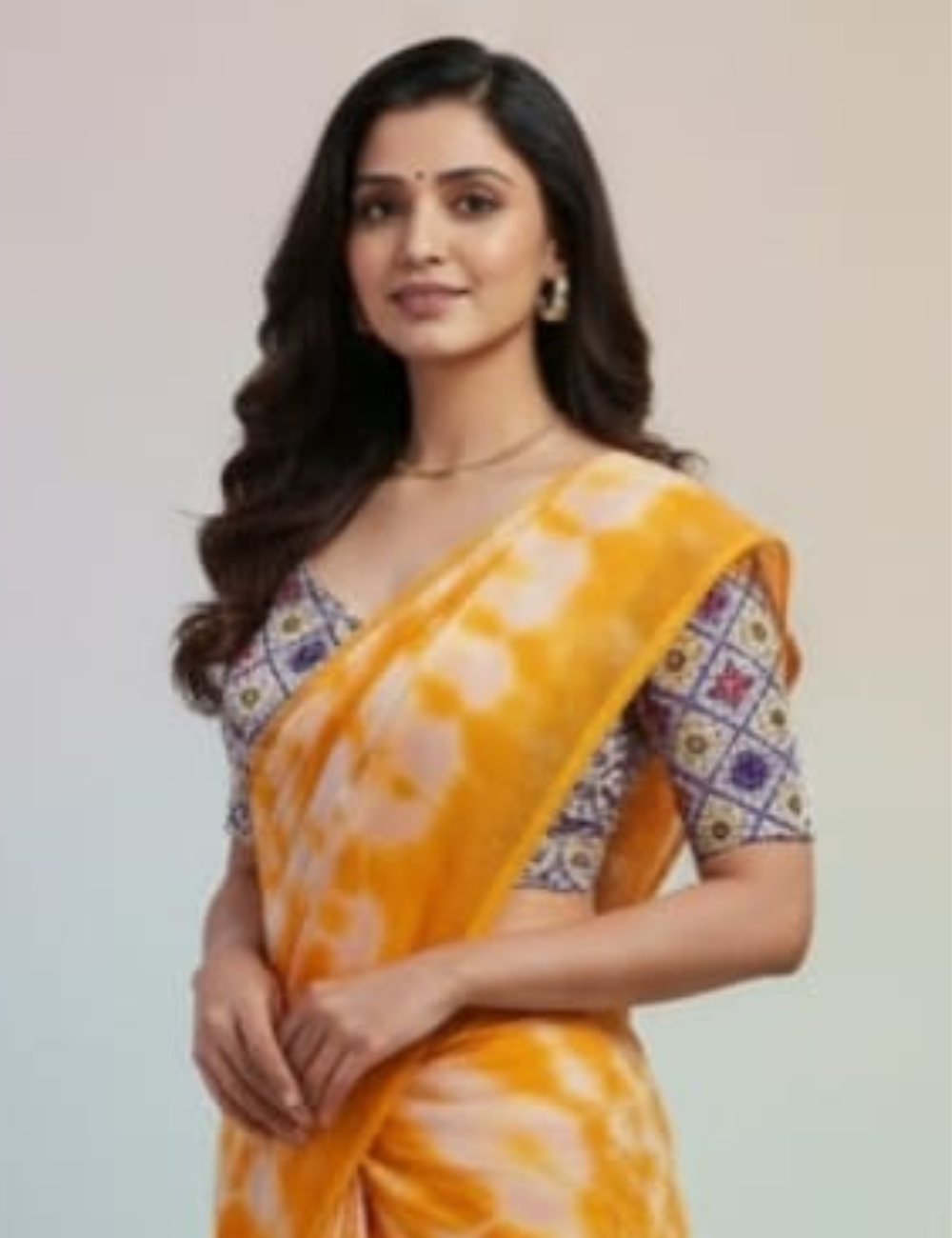 Bright Yellow Tie-Dye Saree with Tassel Border & Printed Blouse