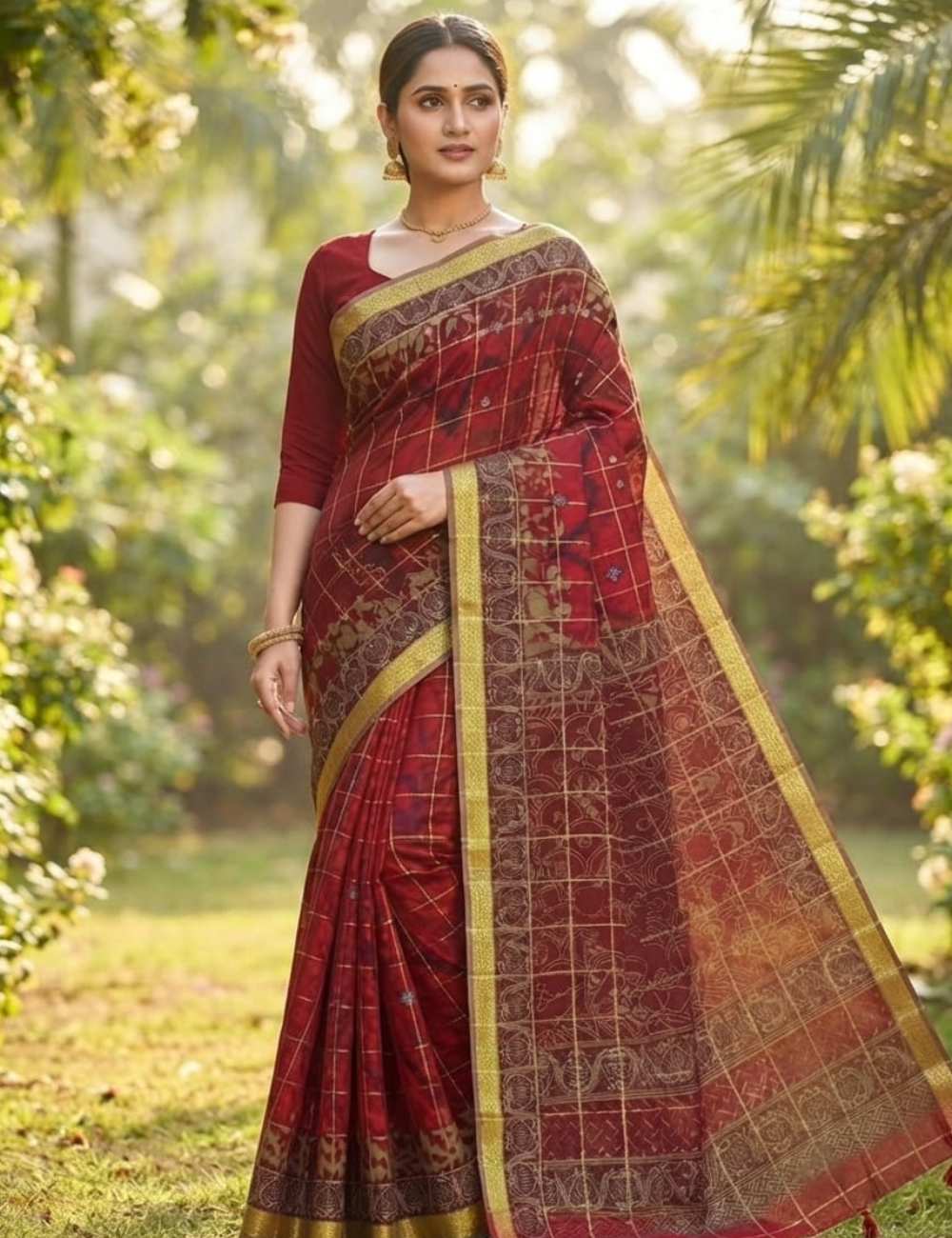 Maroon Gold Checkered Cotton Saree