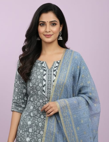 Elegant Grey Printed Kurta Set with Dupatta