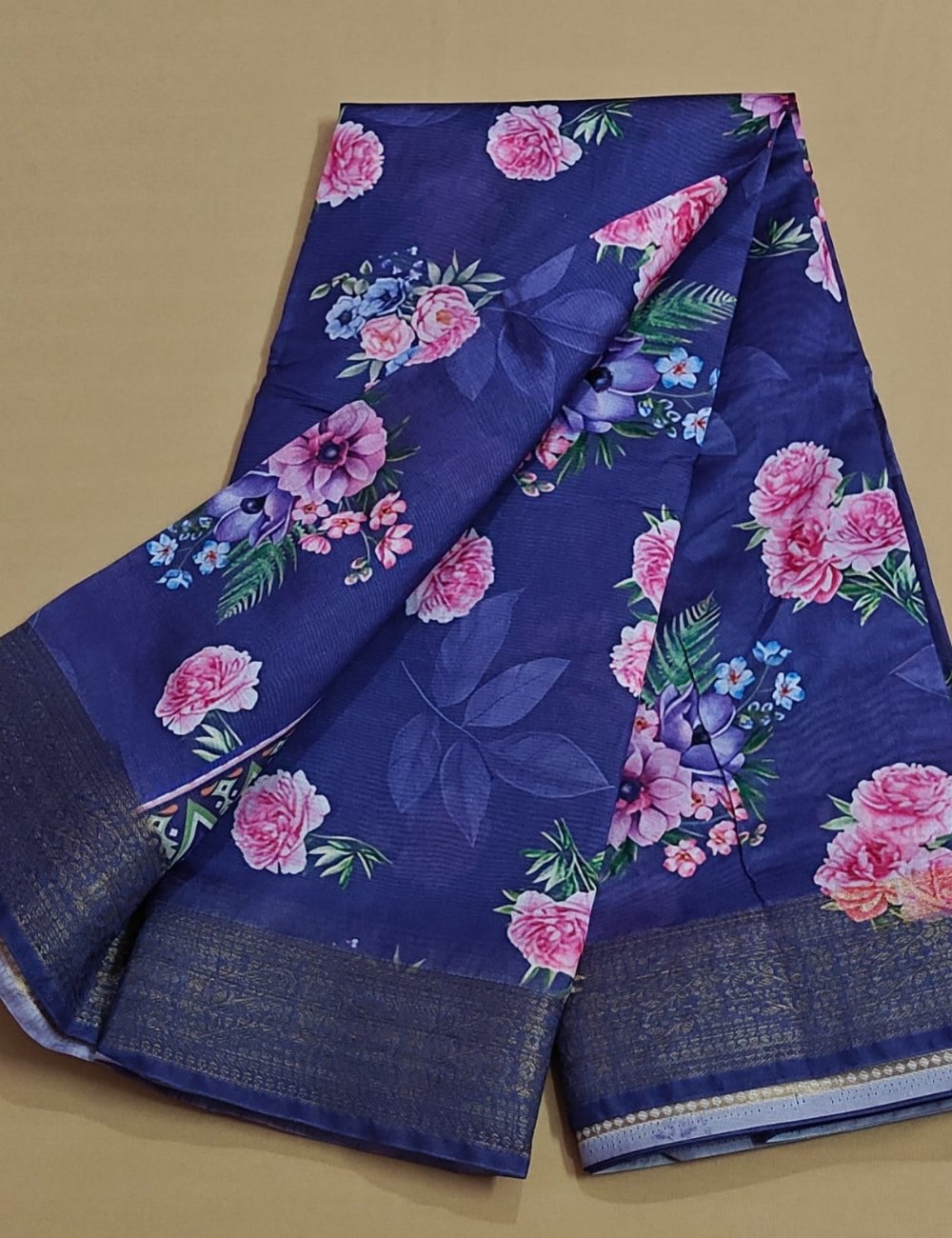 Elegant Navy Blue Floral Digital Printed Saree