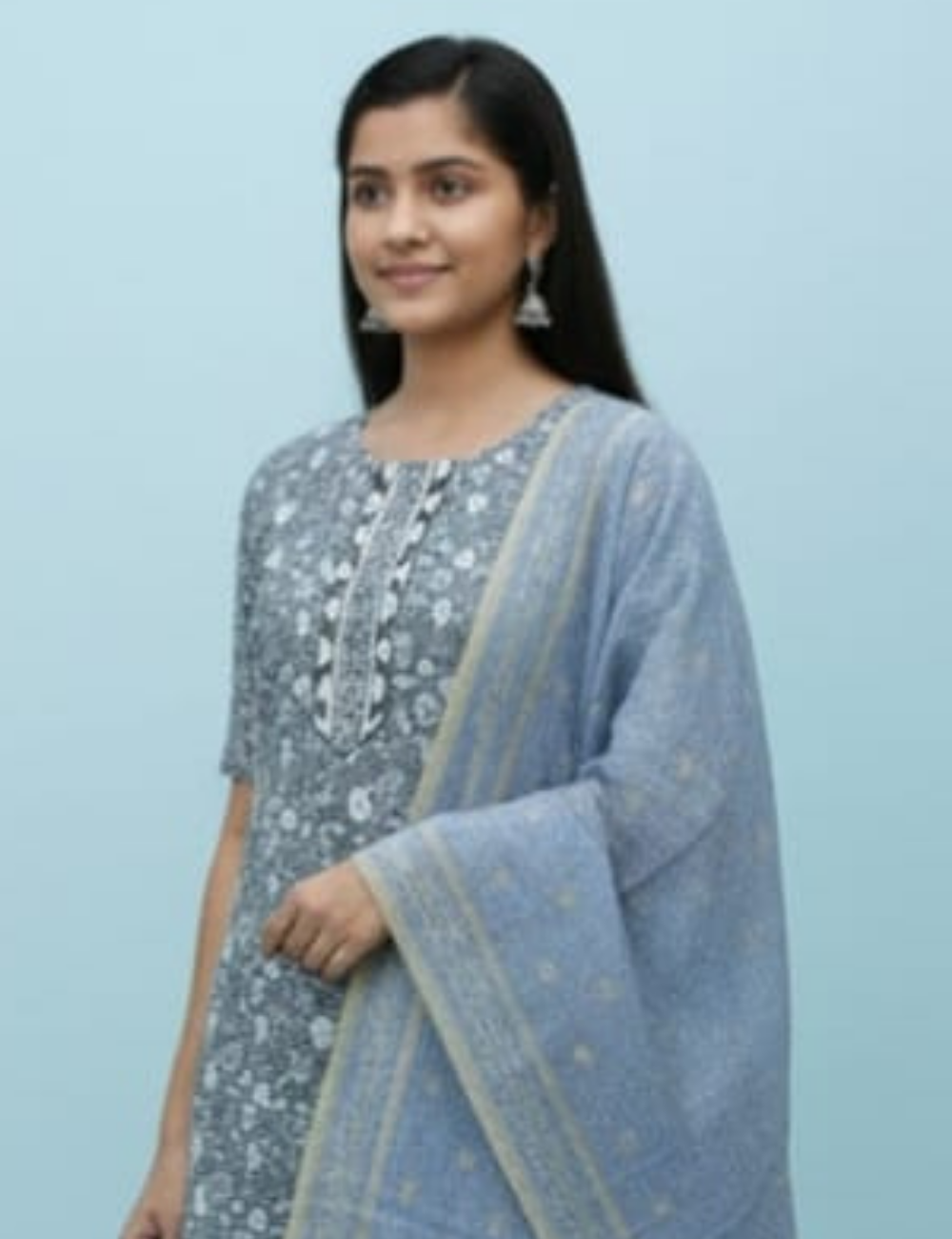 Elegant Grey Printed Kurta Set with Dupatta