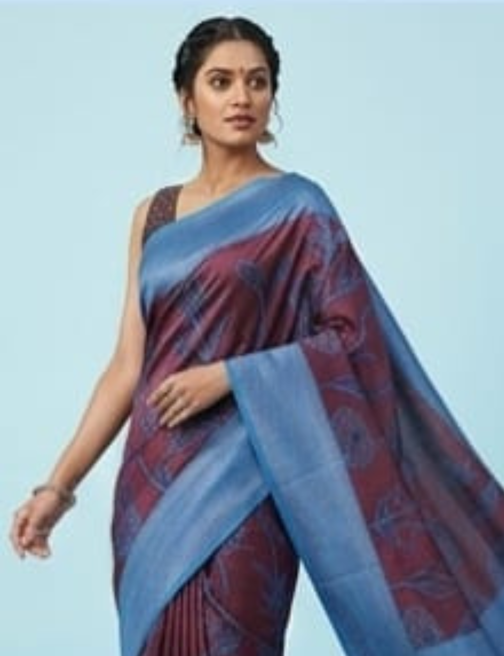 Maroon Saree with Blue Floral Design and Border