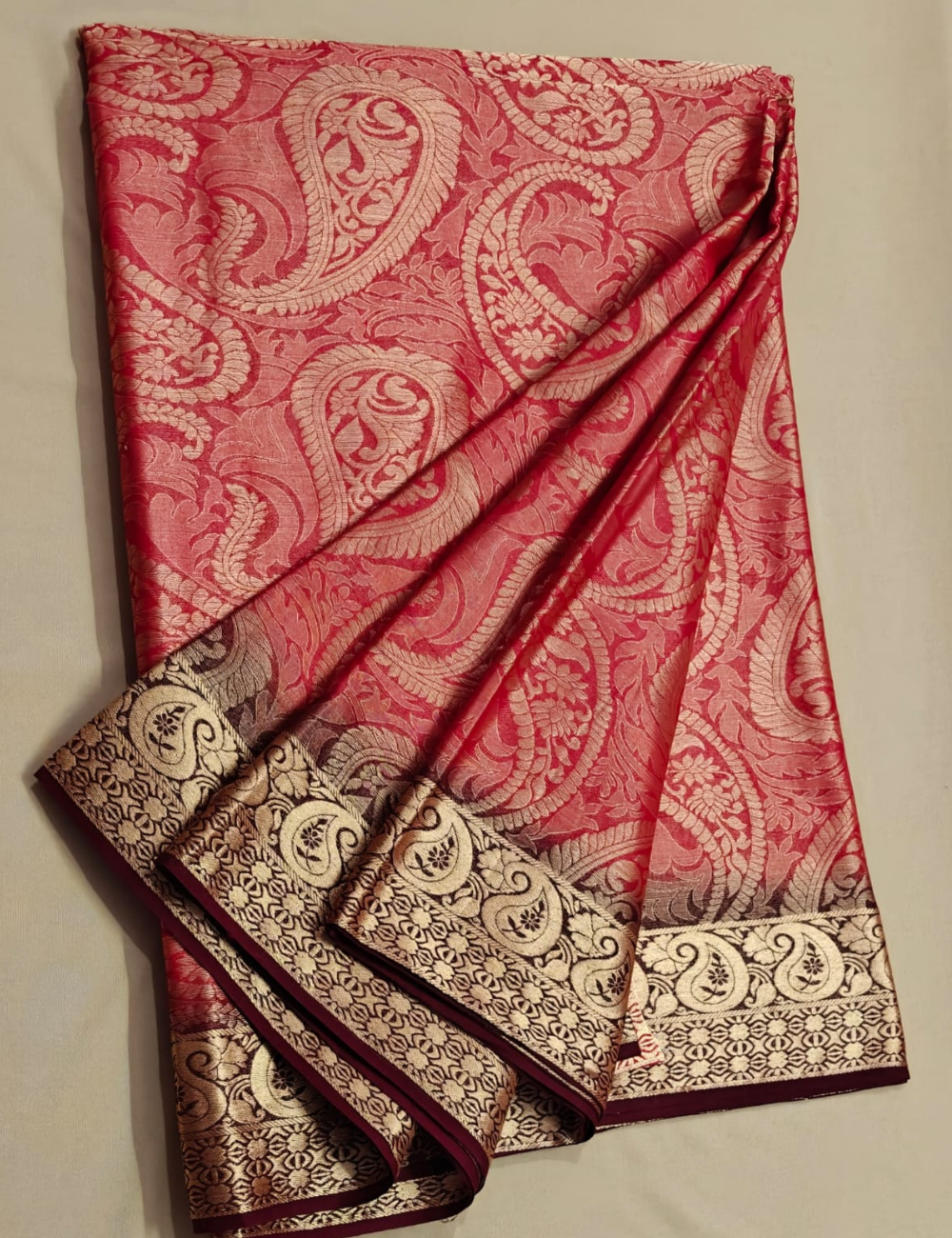 Elegant Crimson and Gold Paisley Brocade Sari