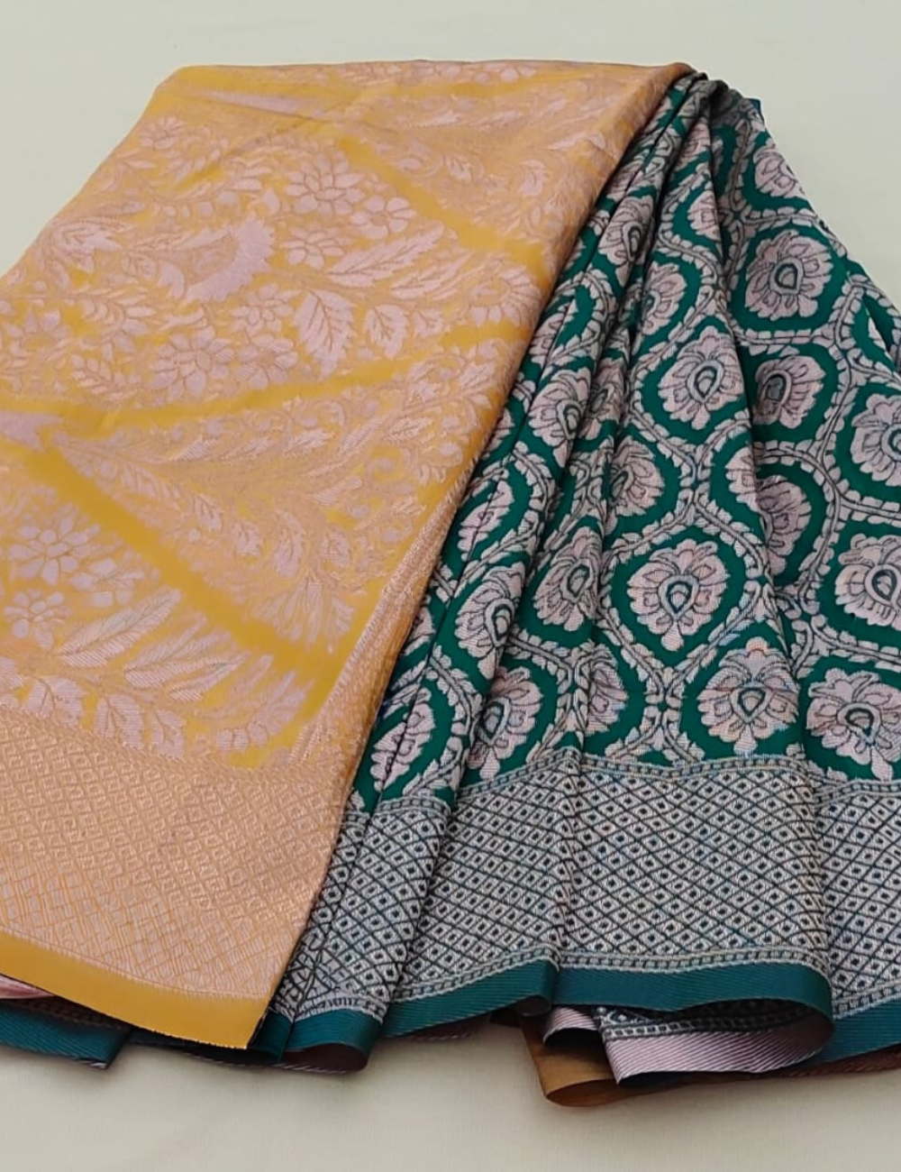 Dark Green Handwoven Silk Saree with Yellow Contrast Border
