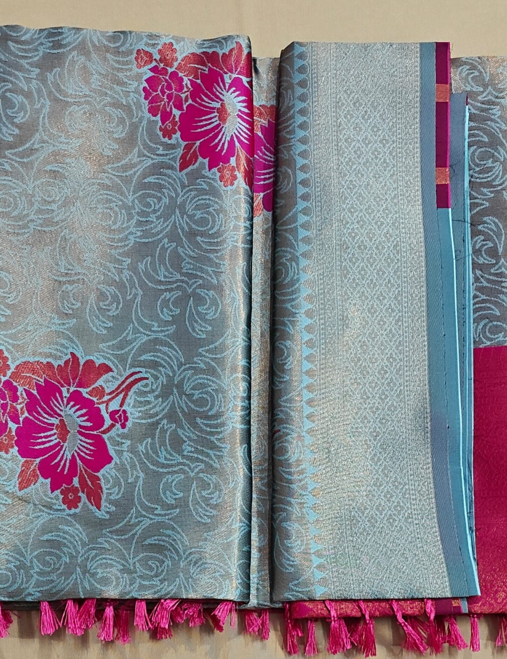 Silver Grey Floral Soft Silk Saree with Pink Border