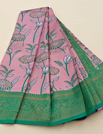 Elegant Pink and Green Floral Saree with Traditional Border