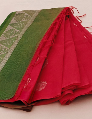Green and Red Cotton Saree with leaf Border