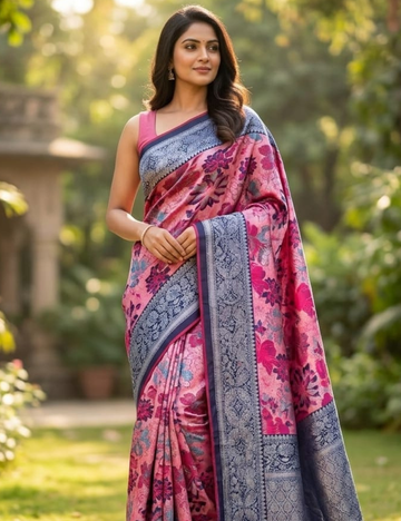 Elegant Pink Floral Soft Silk Saree with Rich Navy Border