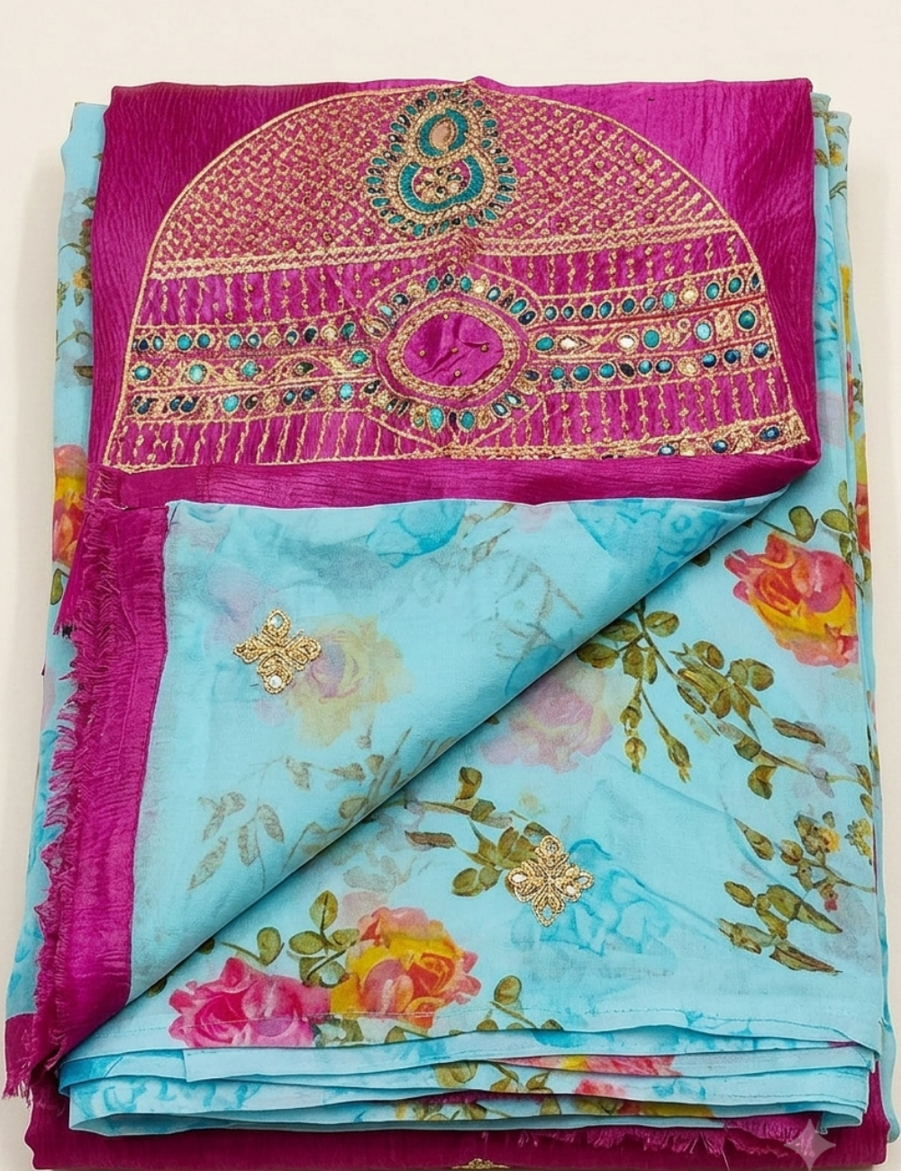 Stylish Light Blue Saree with Magenta Designer Blouse