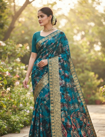 Royal Teal Printed Zari Border Saree