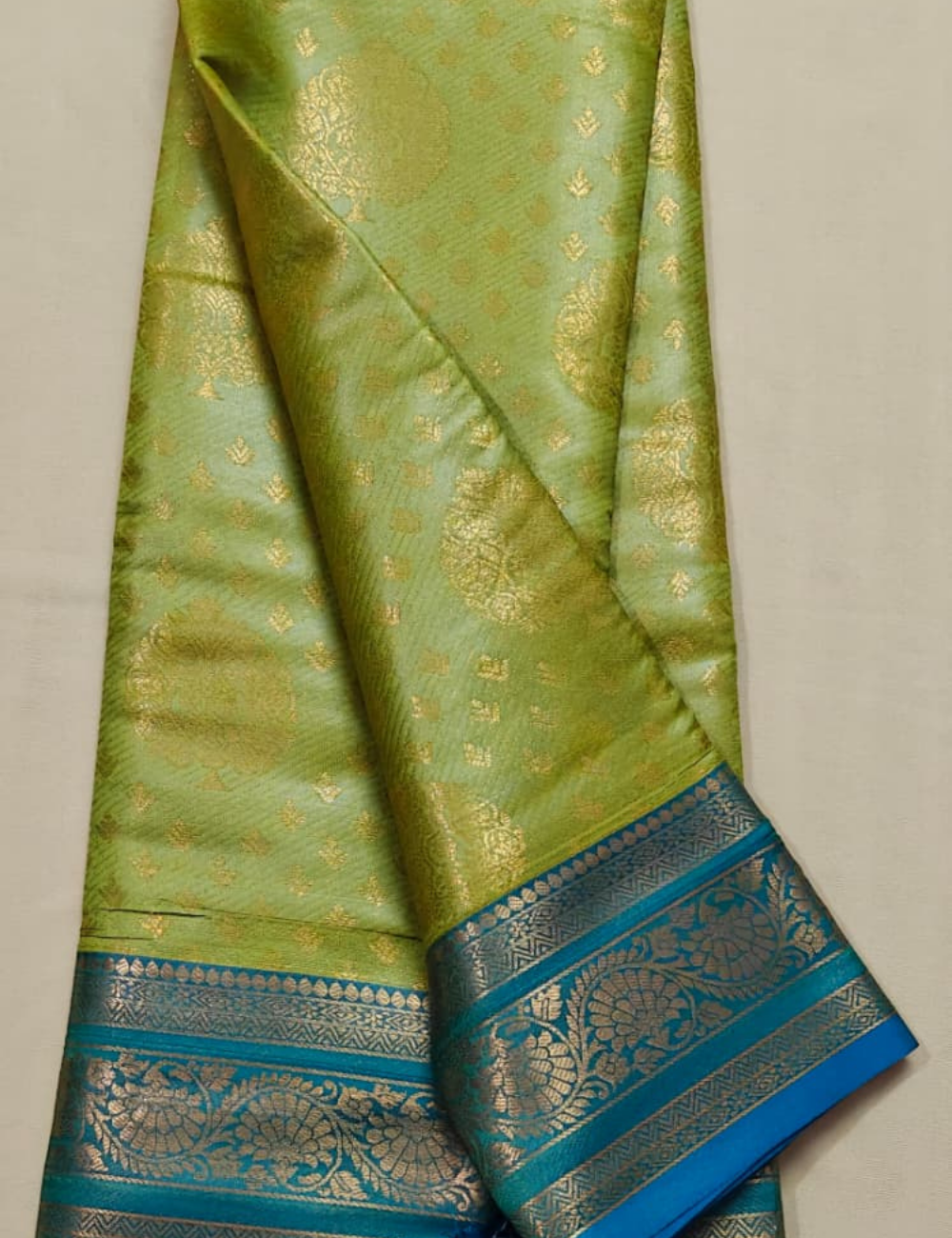 Light Green and Blue Woven Zari Sari