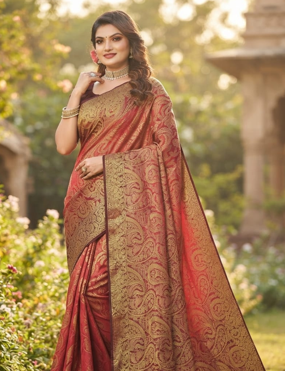 Elegant Crimson and Gold Paisley Brocade Sari