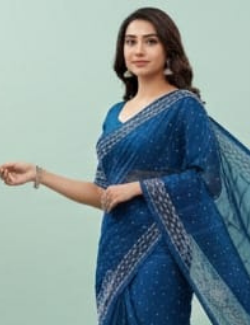 Elegant Teal Blue Saree with Delicate White Stonework Design