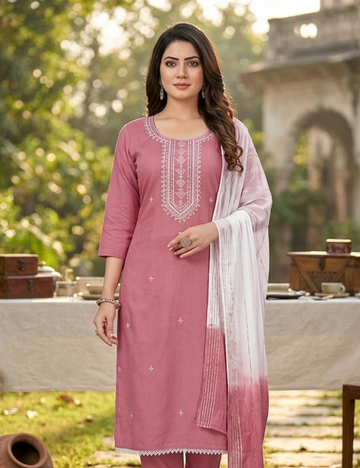 Elegant Mauve-Pink Embroidered Straight Kurta Set with Ombre Dupatta