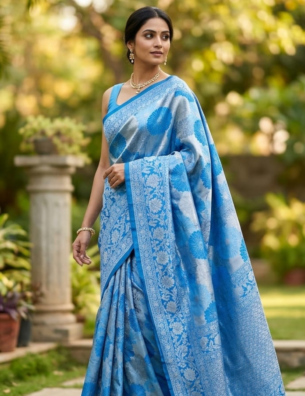 Royal Blue Floral Jacquard Silk Saree