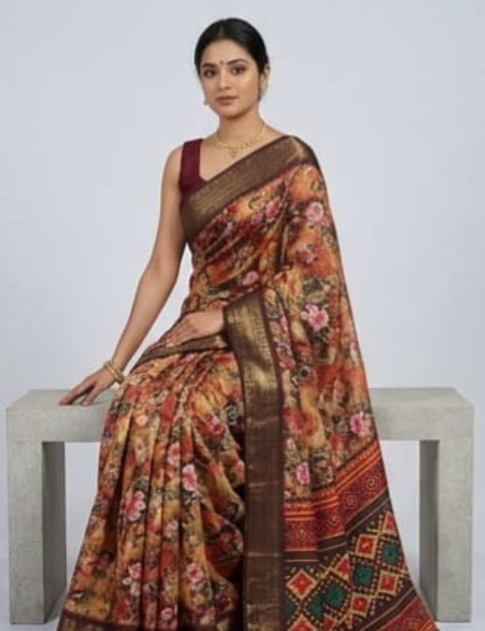 Royal Autumn Floral Digital Printed Saree with Blouse