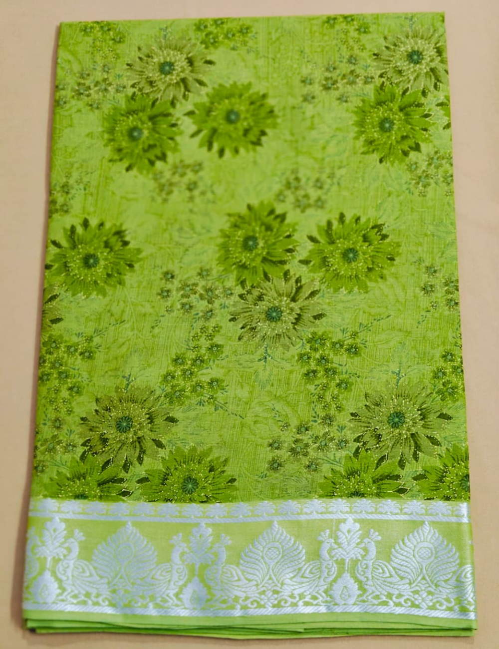 Vibrant Green Floral Print Cotton Saree with Silver Zari Border