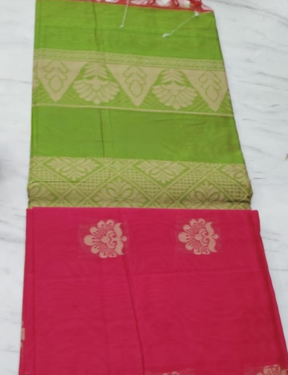 Green and Red Cotton Saree with leaf Border