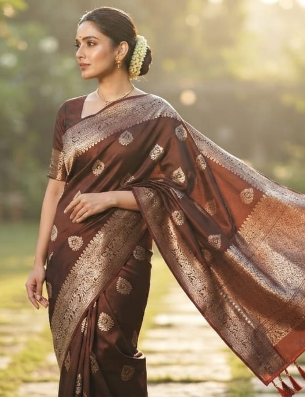 Brown and Golden Floral Woven Zari Sari