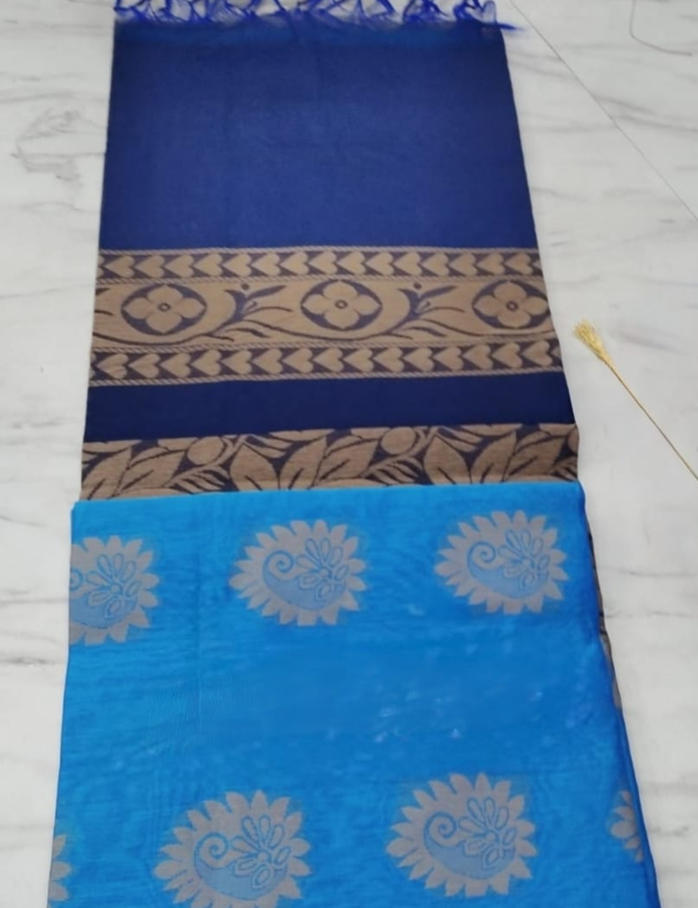 Royal Blue Cotton Silk Saree with Elegant Motifs & Contrast Border