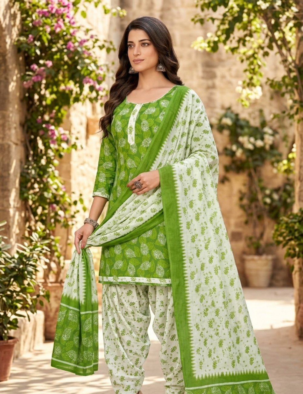 Vibrant Leaf Print Patiala Kurta Set with Dupatta