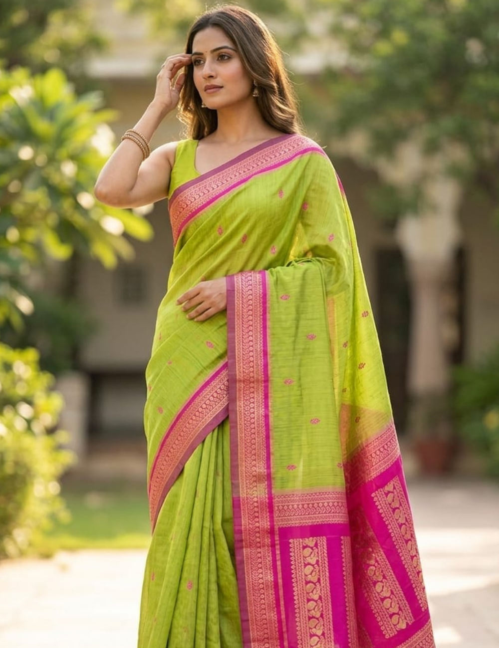 Parrot Green & Rani Pink Traditional Cotton Saree