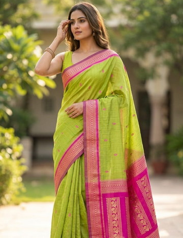 Parrot Green & Rani Pink Traditional Cotton Saree