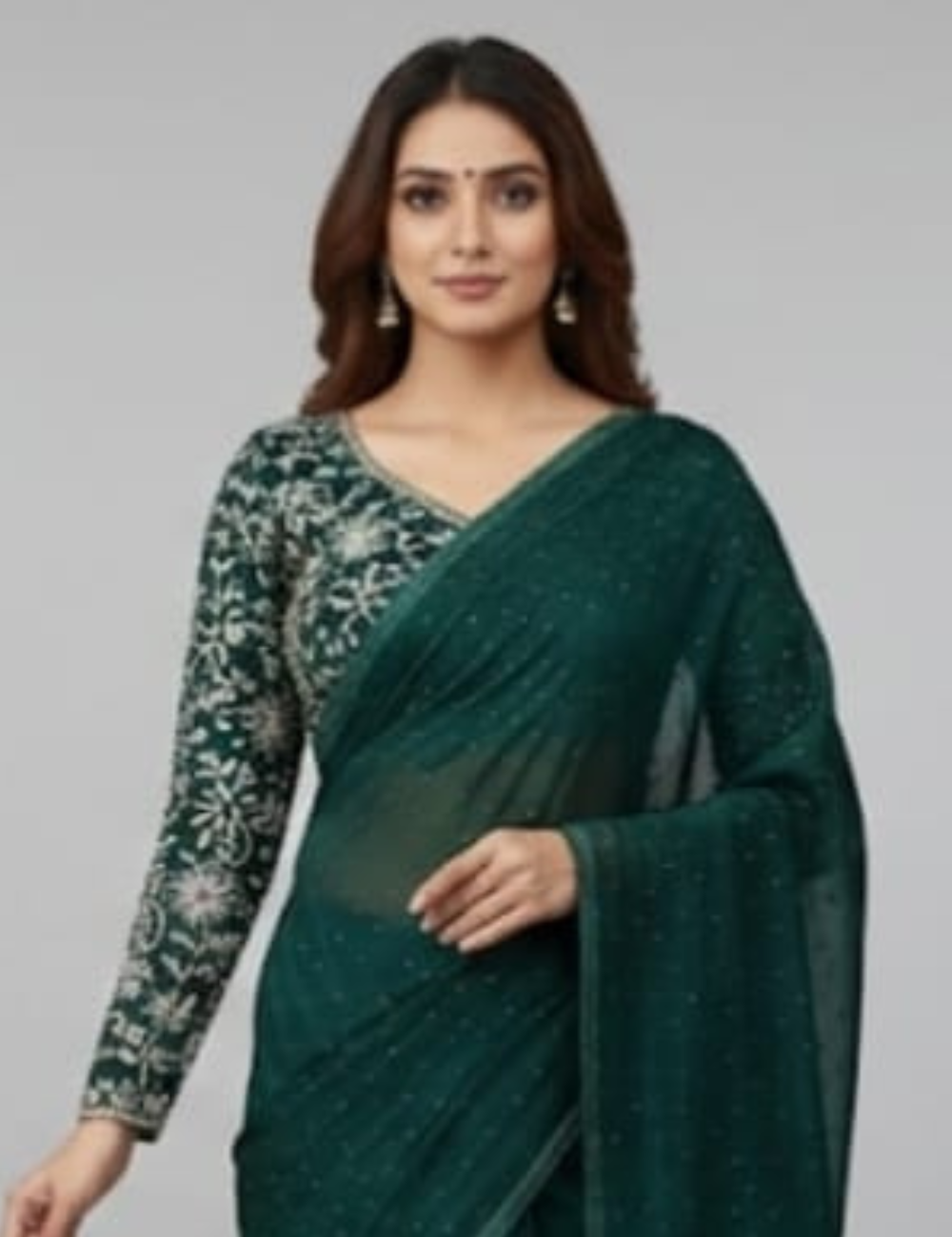 Elegant Deep Green Embroidered Saree with Tassel Detailing