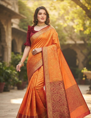 Vibrant Orange and Maroon Woven Paisley Brocade Sari