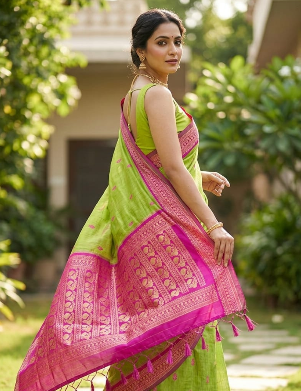 Parrot Green & Rani Pink Traditional Cotton Saree