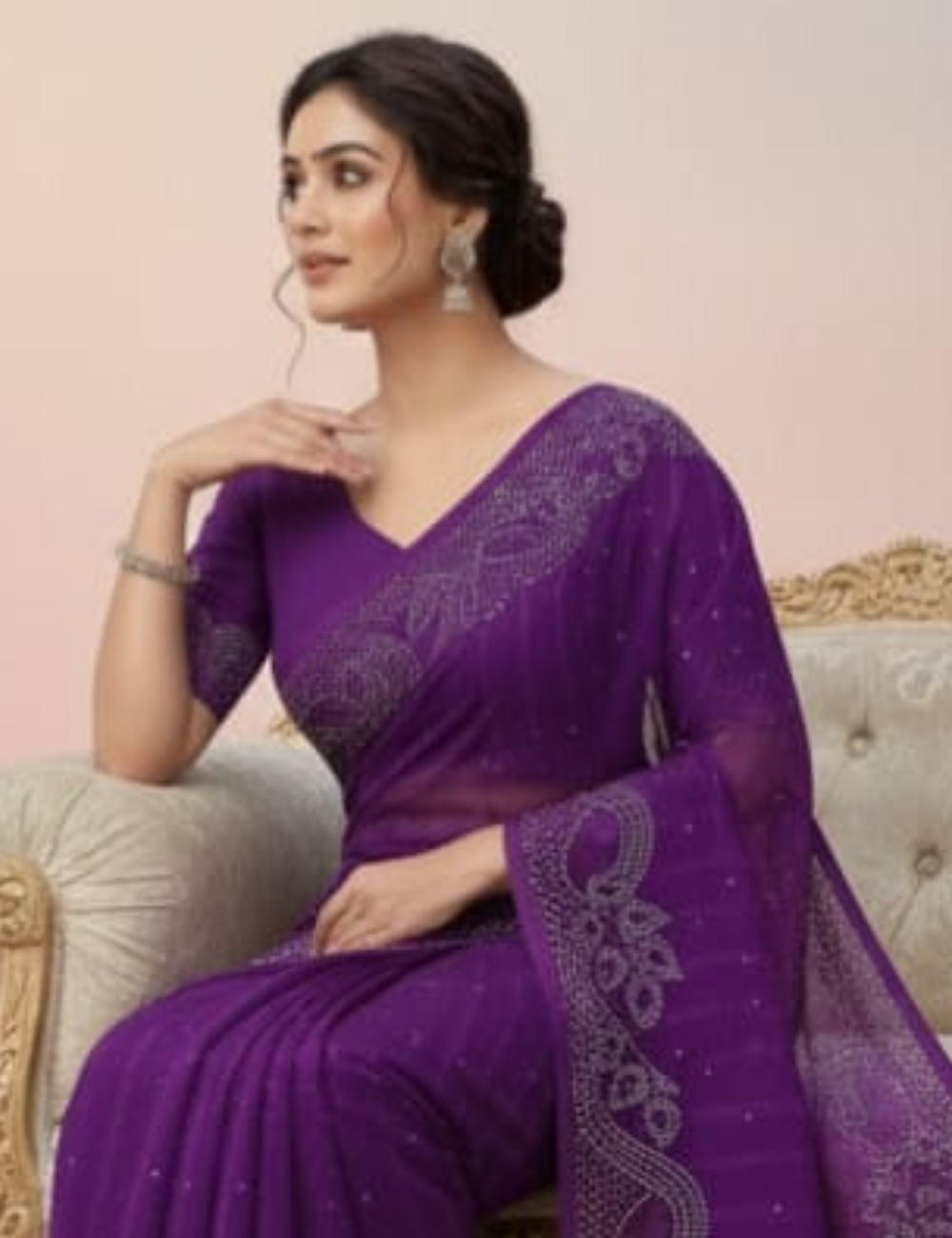 Purple Saree with White Bead Leaf Embroidery