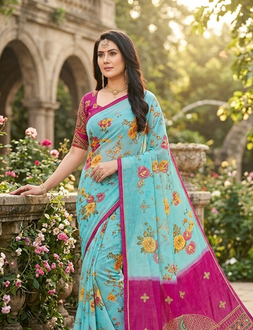 Stylish Light Blue Saree with Magenta Designer Blouse