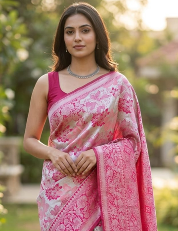 Elegant Silver and Pink Floral Designer Saree