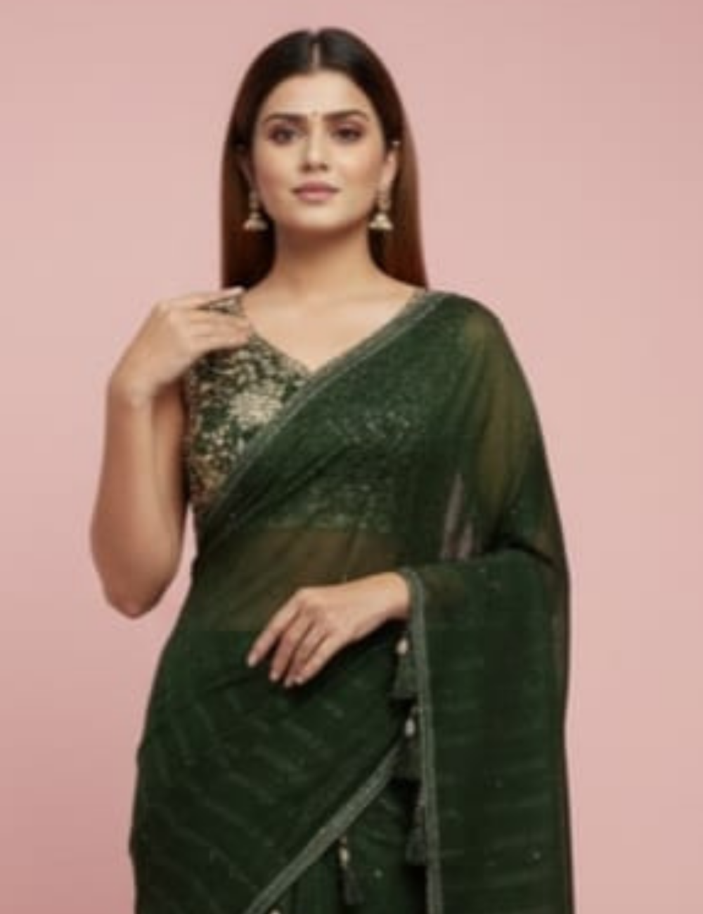 Elegant Dark Green Embroidered Saree with Tassel Detailing