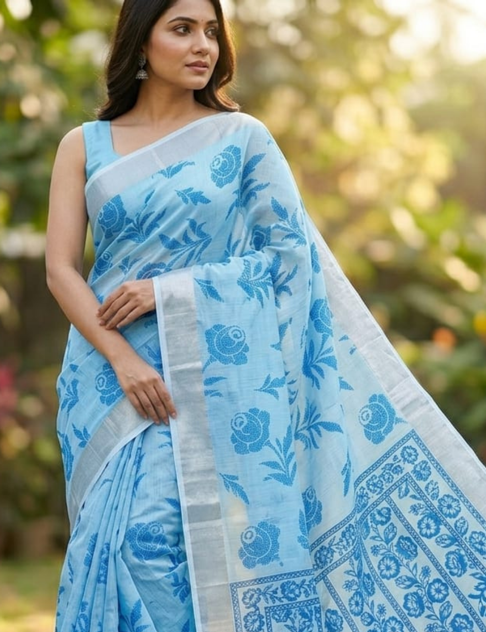Ice Blue Rose Weave Cotton Saree