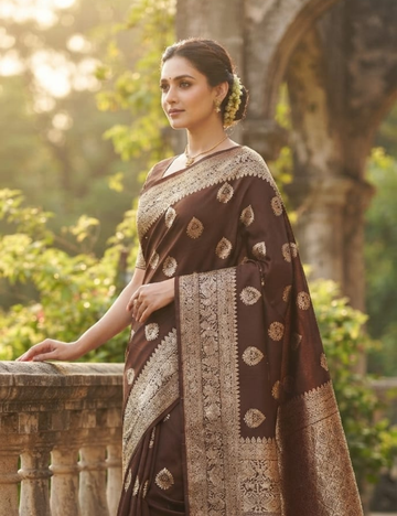 Brown and Golden Floral Woven Zari Sari