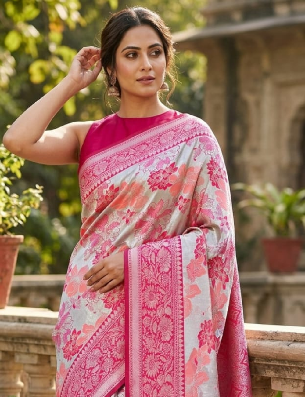 Elegant Silver and Pink Floral Designer Saree