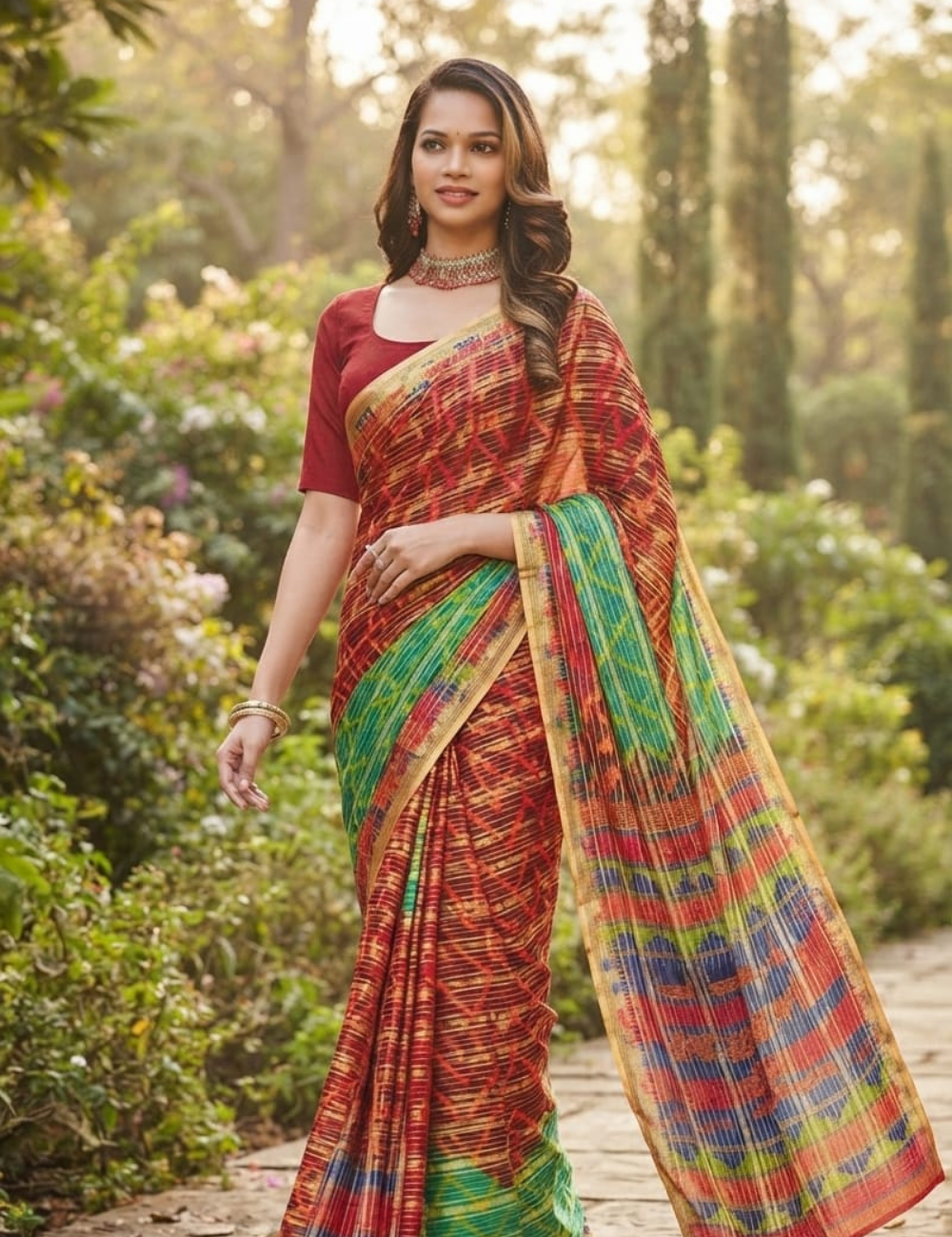 Geometric Zigzag Pattern Silk Saree
