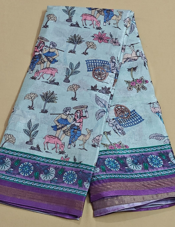 Elegant Pastel Blue Digital Print Saree with Traditional Village Art Print