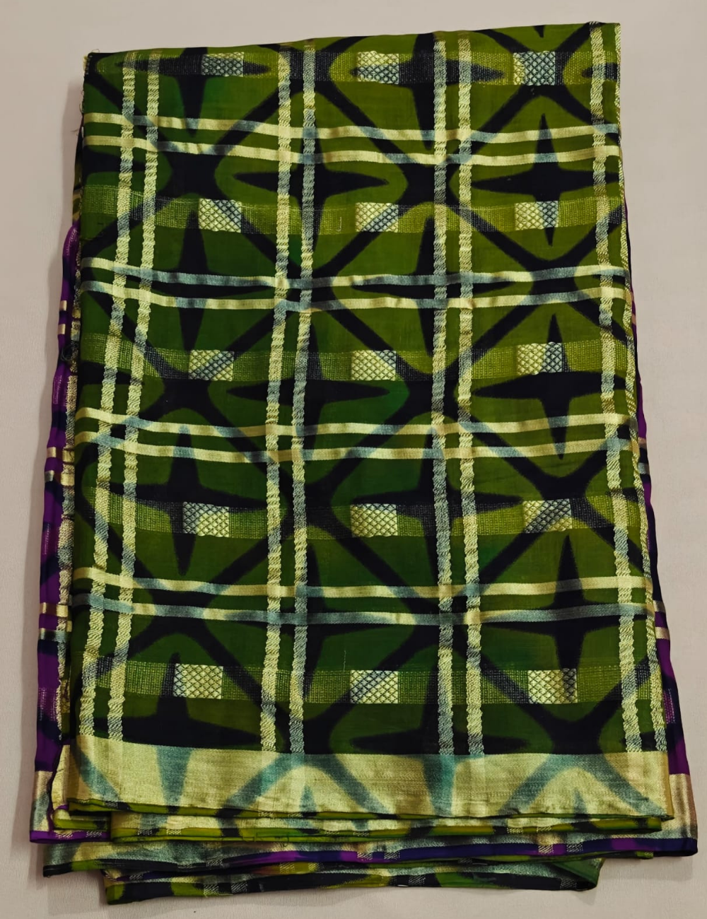 Green and Purple Geometric Checkered Sari