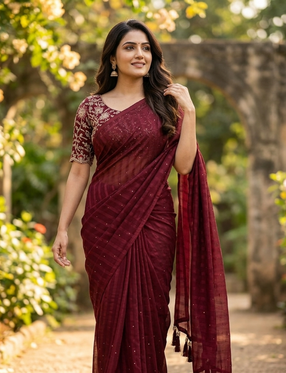 Rich Maroon Designer Saree with Stone Work and Embroidered Blouse