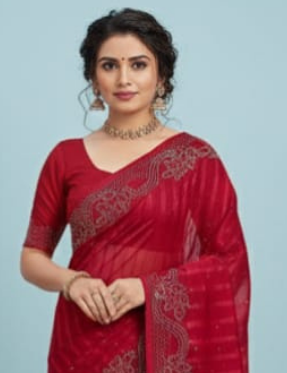 Elegant Red Designer Saree with Stone Work