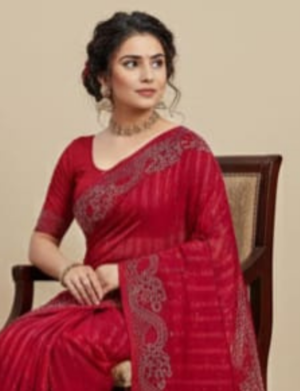 Elegant Red Designer Saree with Stone Work