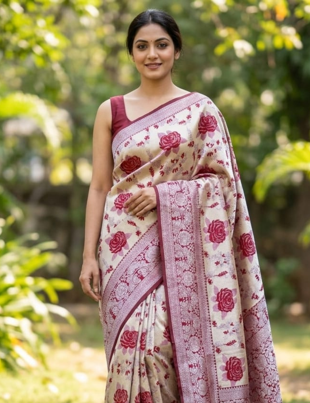Elegant Silver and Maroon Floral Silk Saree