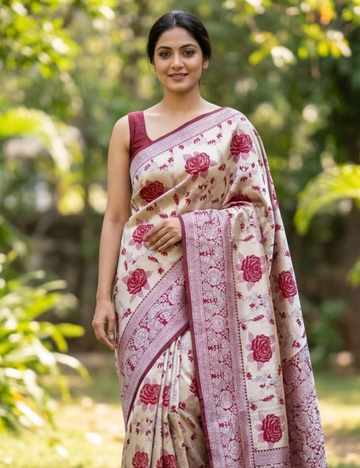 Elegant Silver and Maroon Floral Silk Saree